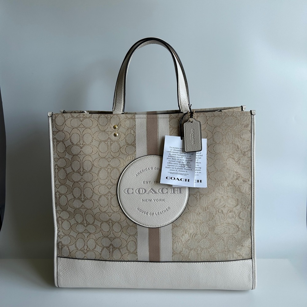 Coach Dempsey Tote 40 Light Khaki Chalk Signature Jacquard Stripe Bag C8418